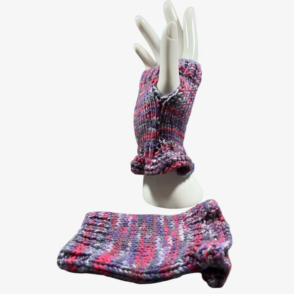 Handknit Wrist Warmers  Blue & Pink Ruffle Cuff